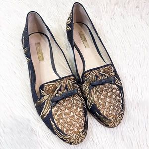 LOUISE ET CIE Anniston Navy Blue Bronze Leather Tapestry Mules 7M
